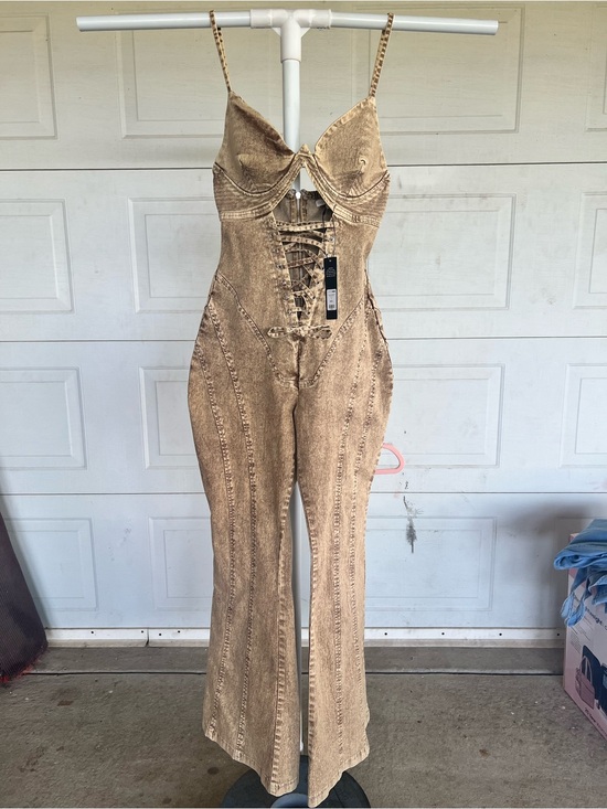 Fashion Nova Pants - Fashion Nova Tan Lace-Up Denim Jumpsuit